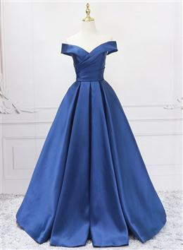 Picture of Off Shoulder Blue Satin A-line Floor Length Prom Dresses, Blue Simple Formal Dresses